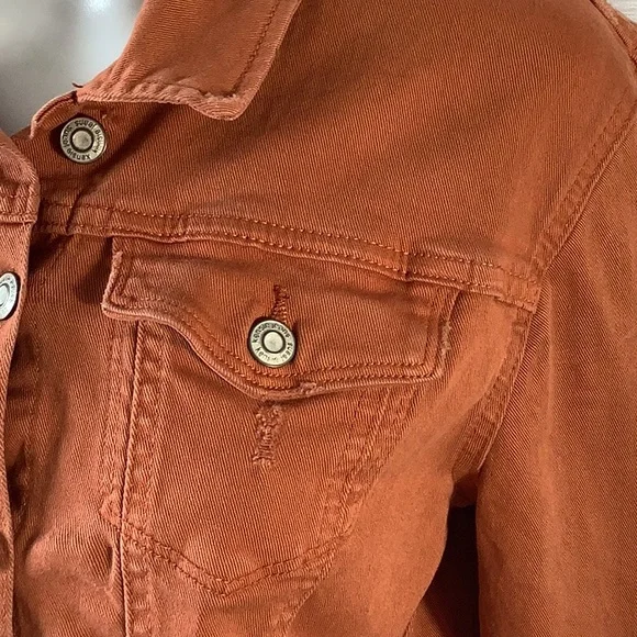 Kensie Vintage Luxe Pumpkin Rust Distressed Stretch Denim Jean Jacket Sz L - Picture 4 of 11